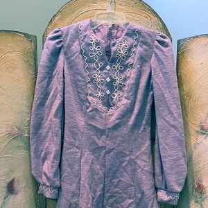 Vintage 70's Purple Mini Dress w Long Sleeves Cute White Accents